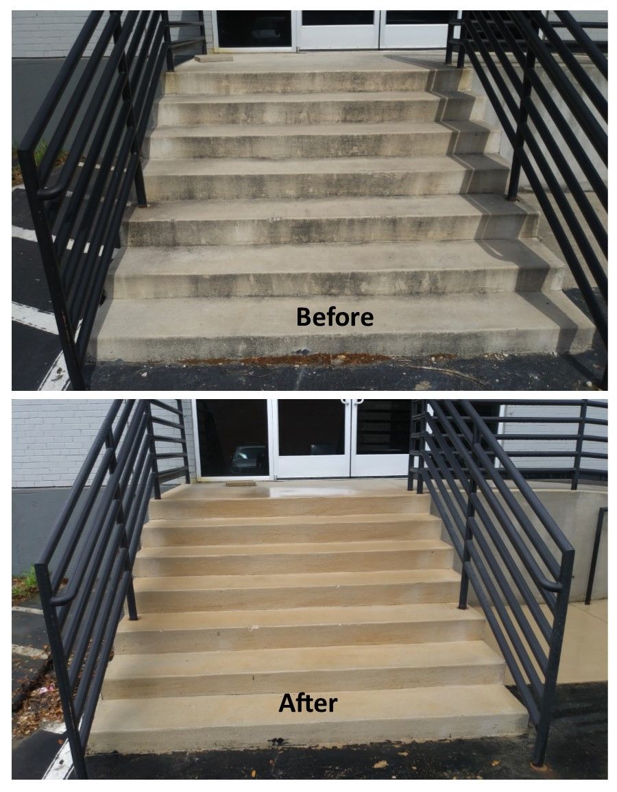 Concrete stairs before and after cleaning, with black handrails.