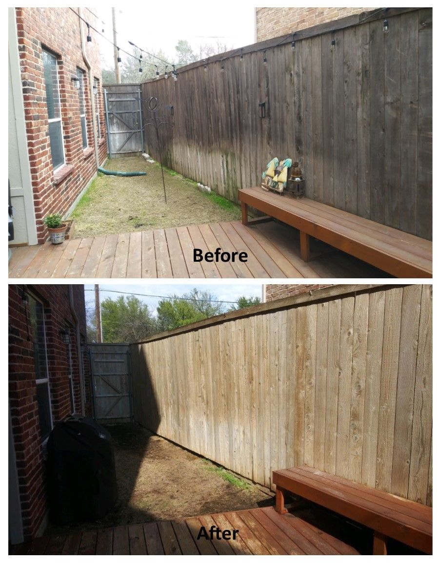 Before-and-after photos of a wooden fence and deck area. The fence is cleaned and the deck is repainted.