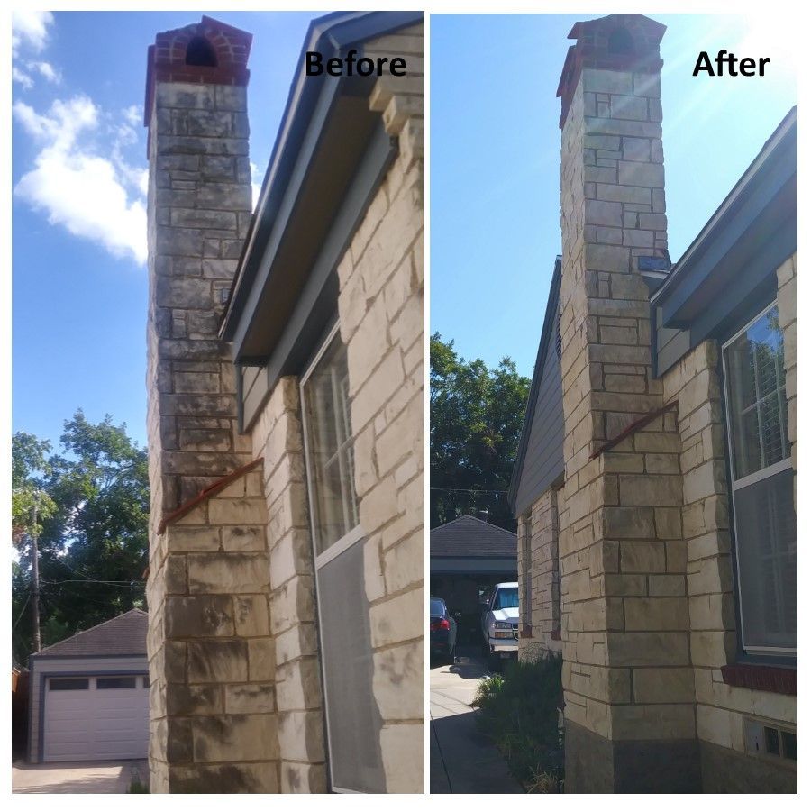 Before and after photos: chimney cleaning, brick facade, house exterior.