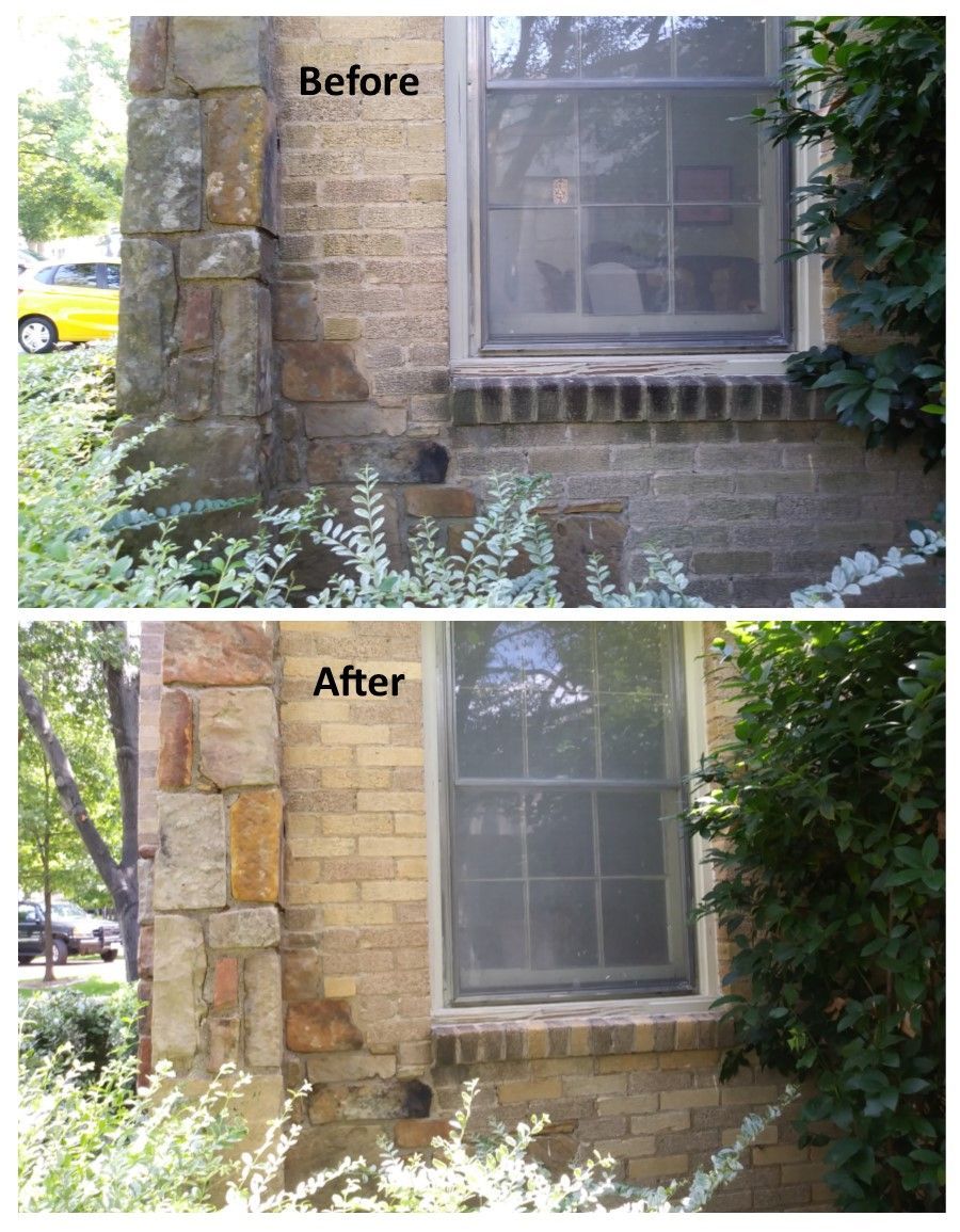 Comparison: Before and after of exterior building corner. Brick and stone siding cleaned, window clear.