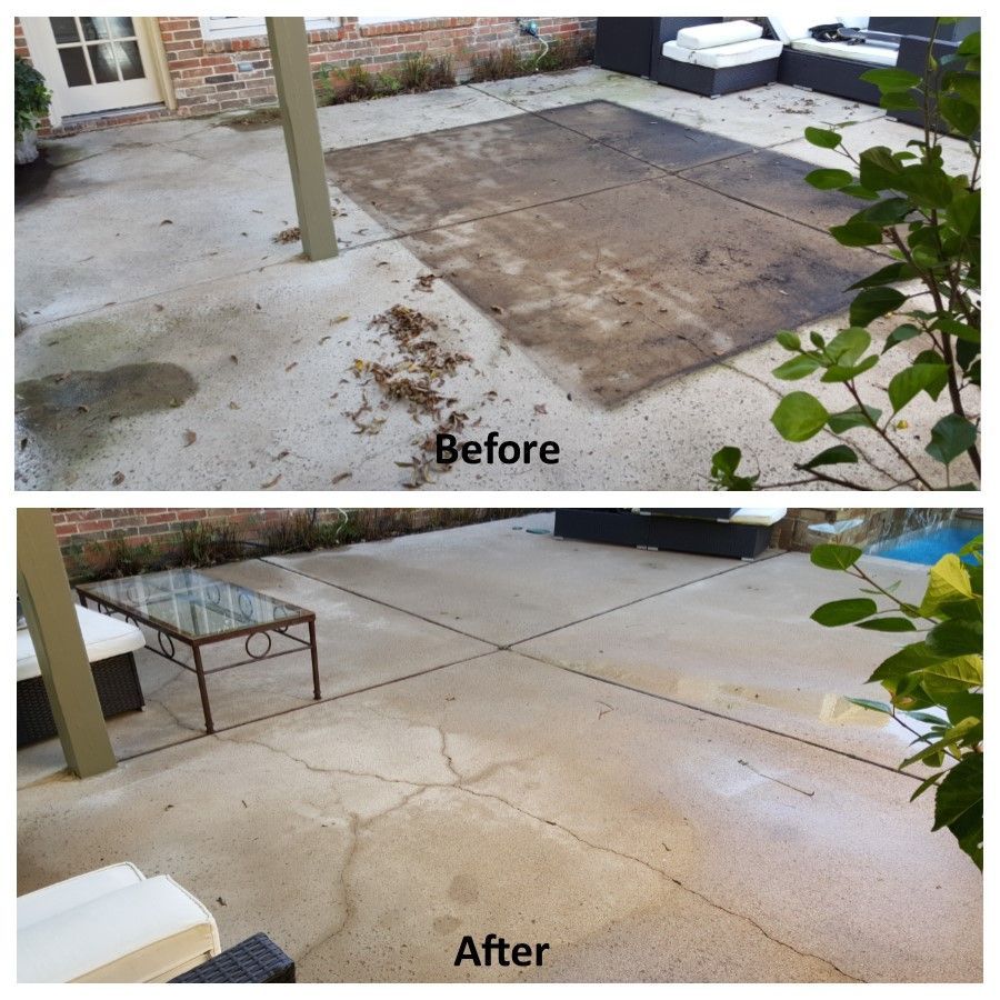 Comparison of before/after view of a concrete patio. Before: dirty concrete, debris. After: clean patio, table.