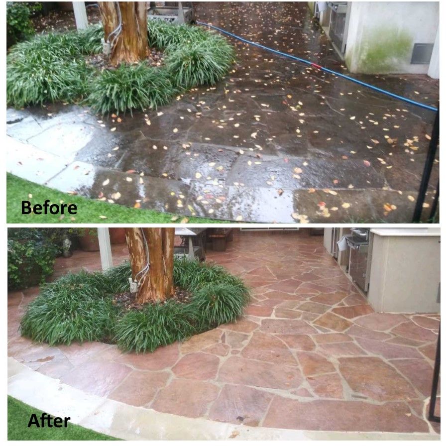Before and after of a stone patio cleaned, revealing the original color, with surrounding landscaping.