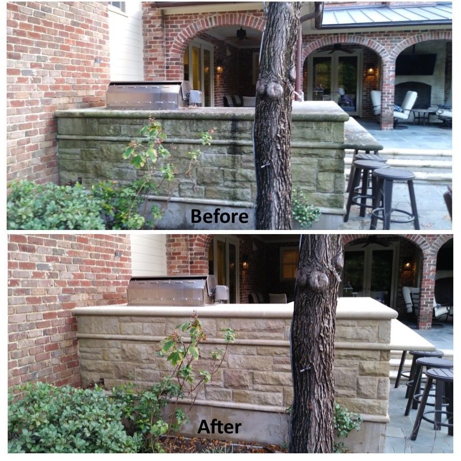 Before-and-after of a stone outdoor kitchen counter; the