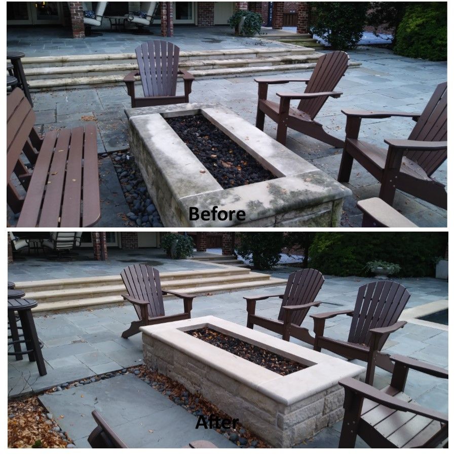 Before and after photos of a patio with a fire pit and Adirondack chairs, showing fire pit restoration.