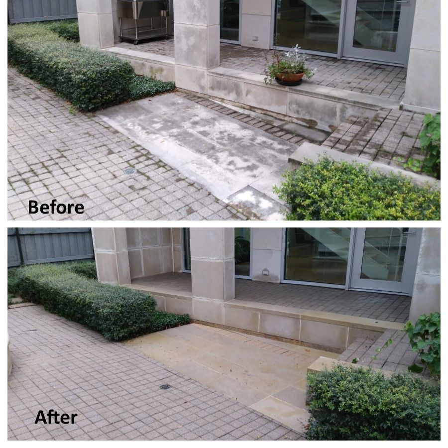 Before and after comparison: Patio cleaning reveals clean stone patio with green hedges.