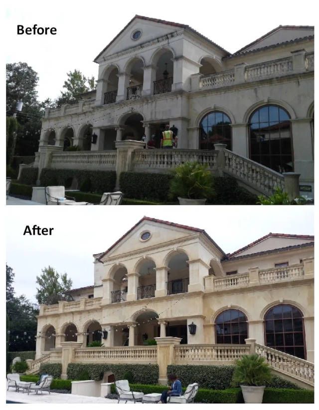 A before and after picture of a large house