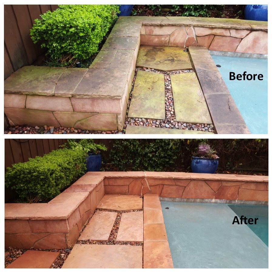 Before and after of a stone patio and wall cleaned; green plants frame a pool.