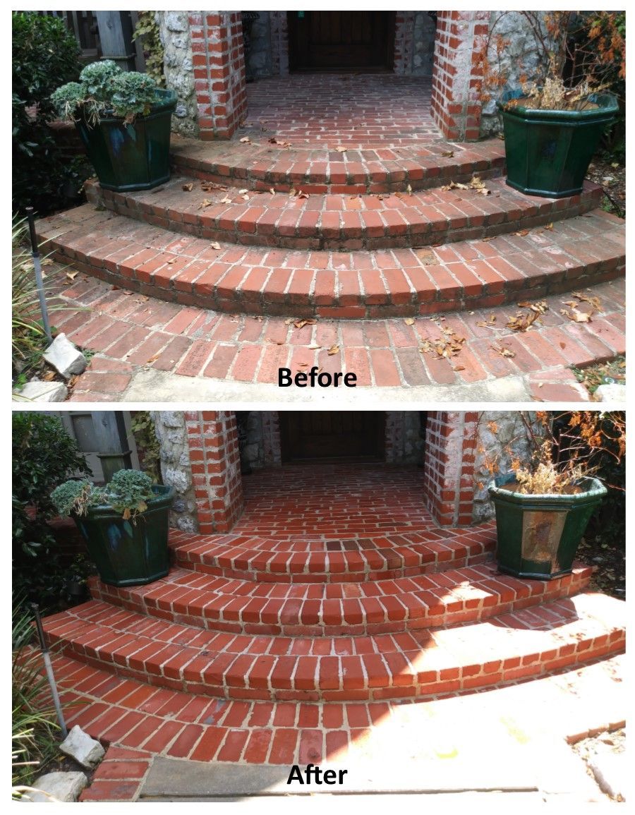 Before-and-after of red brick steps, cleaned to remove dirt. Green potted plants flank the entrance.