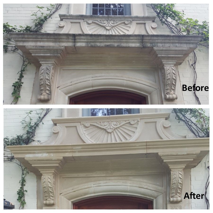 Before-and-after of a stone door frame cleaned by pressure washing; gray and white stone, foliage, wooden door.