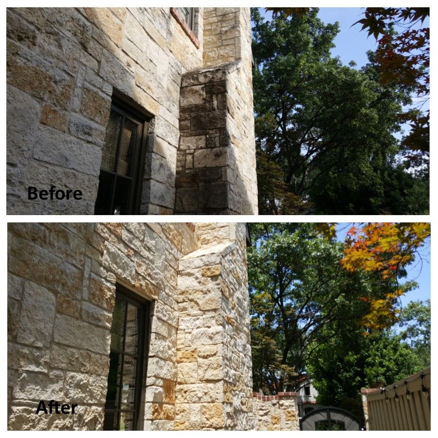 Comparison of a stone building before and after cleaning.