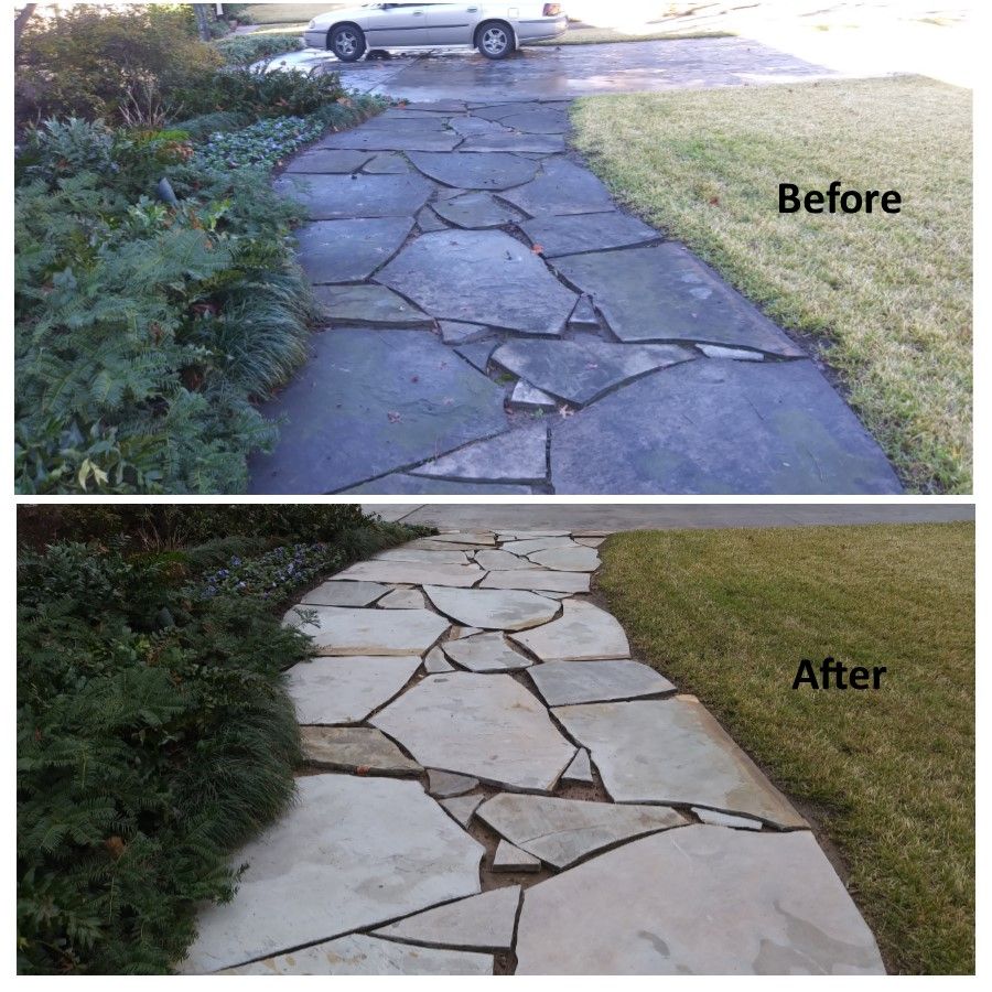 Before and after photos of a stone pathway; cleaned, with weeds removed.