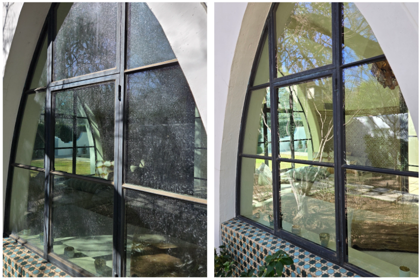 Before and after shots of an arched window, with the dirty window on the left and cleaned window on the right.