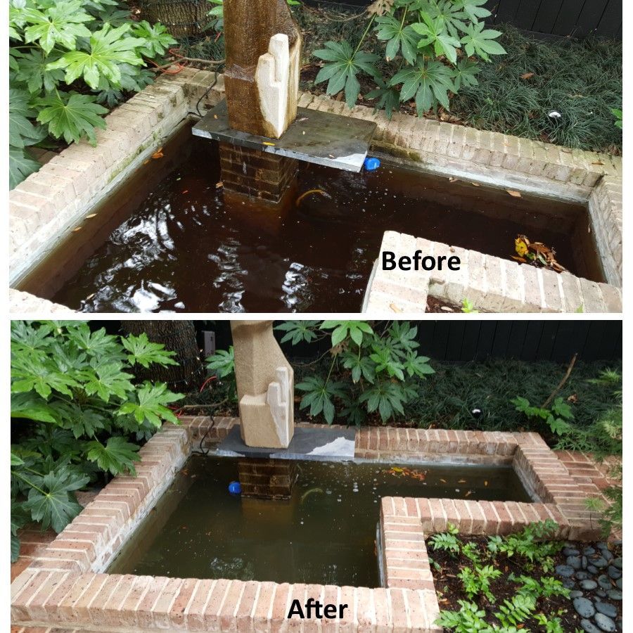 Comparison of a dirty and cleaned brick water fountain. Before: murky water, After: clear water.