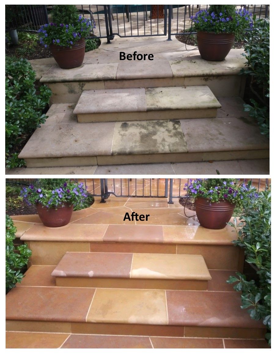 Before and after of outdoor steps, cleaned to reveal golden sandstone.