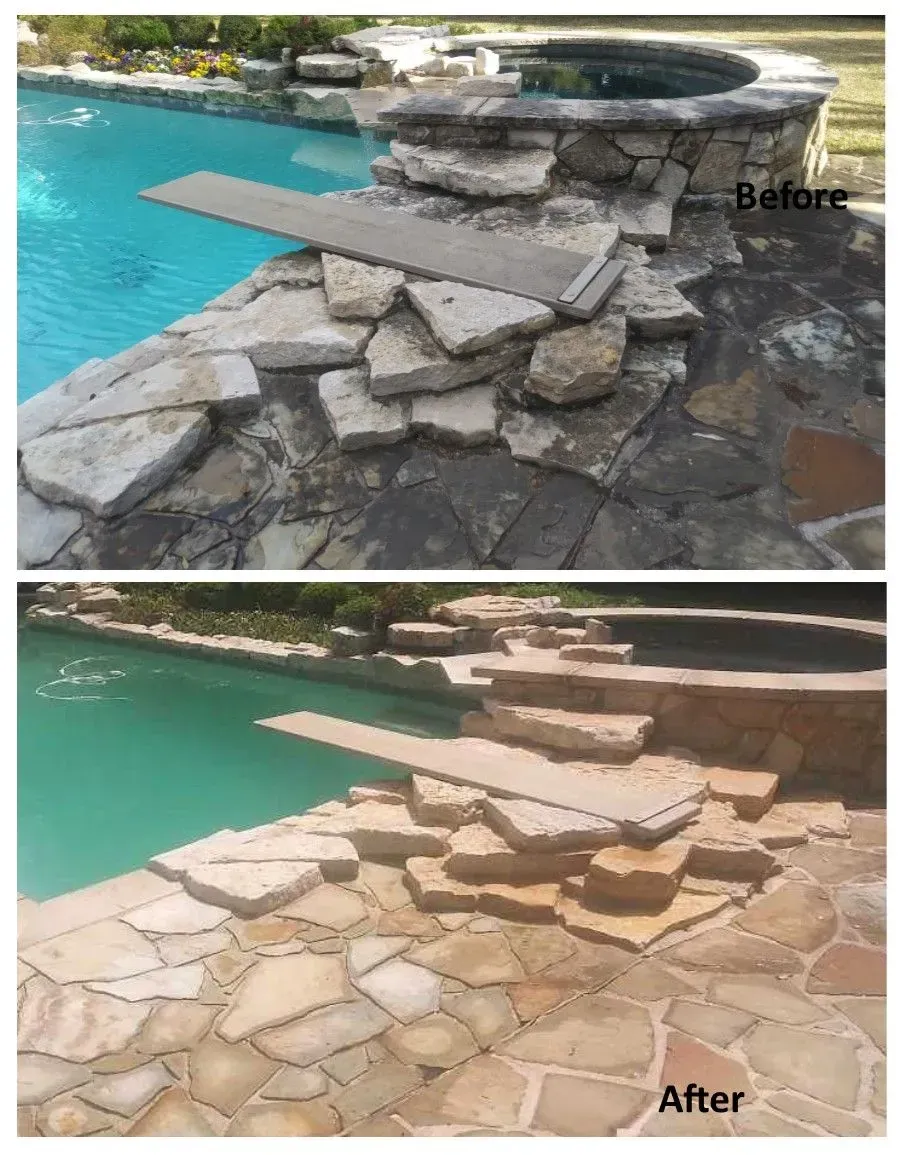 A before and after photo of a swimming pool with a diving board.