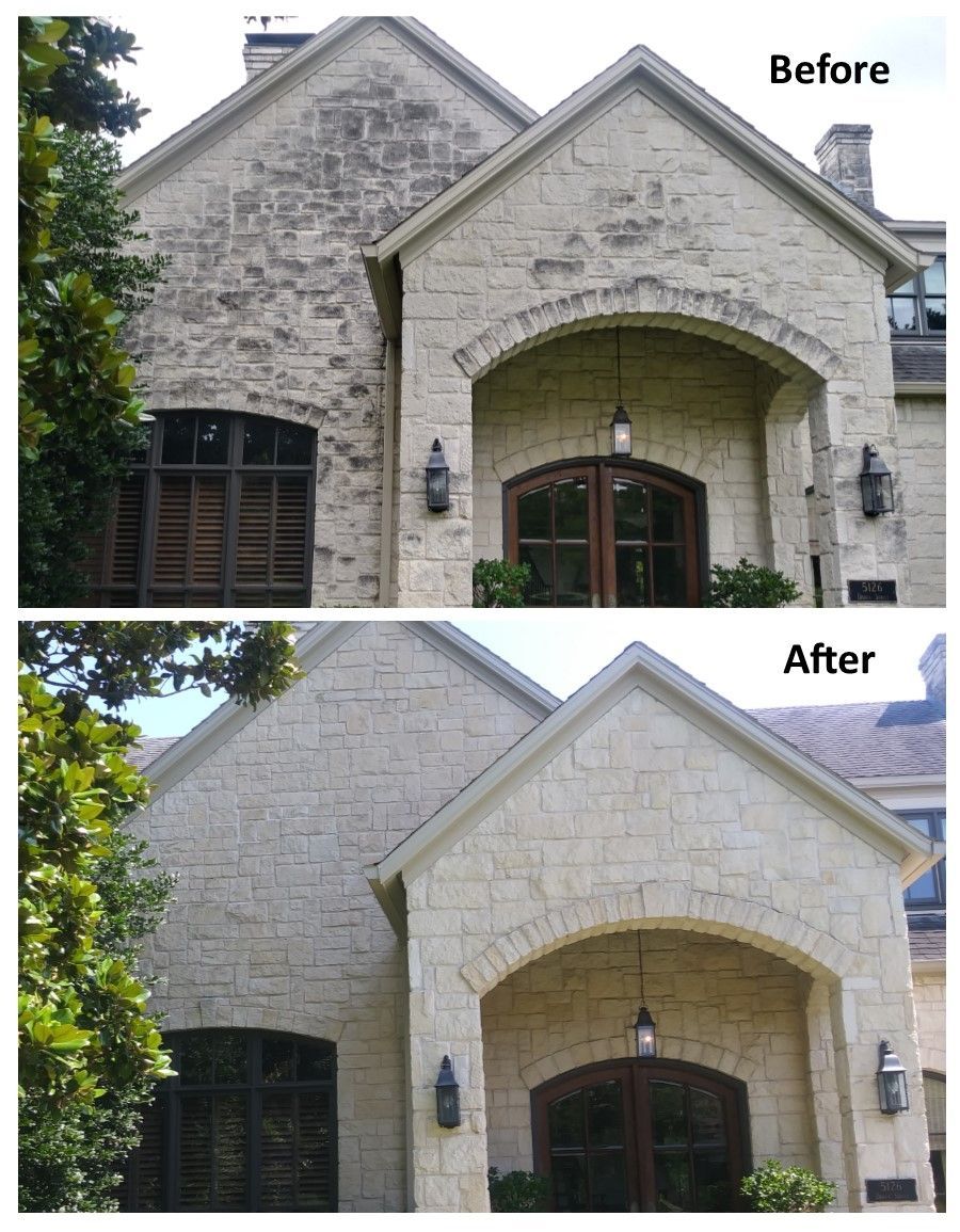 Stone house exterior, before and after power washing; showing significant cleaning progress on the facade.
