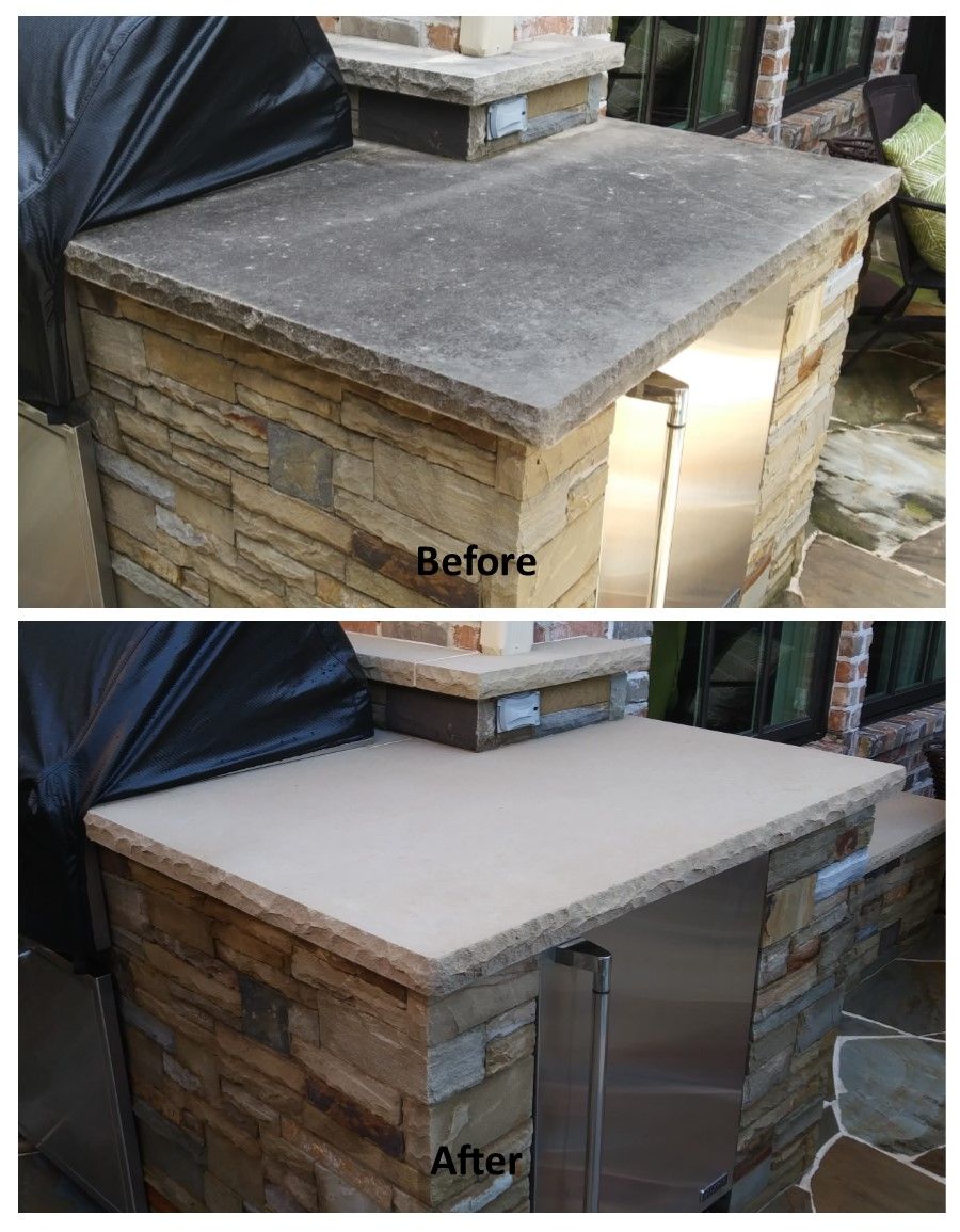 Comparison of a stone outdoor kitchen before and after cleaning. The countertop is lighter in the after image.