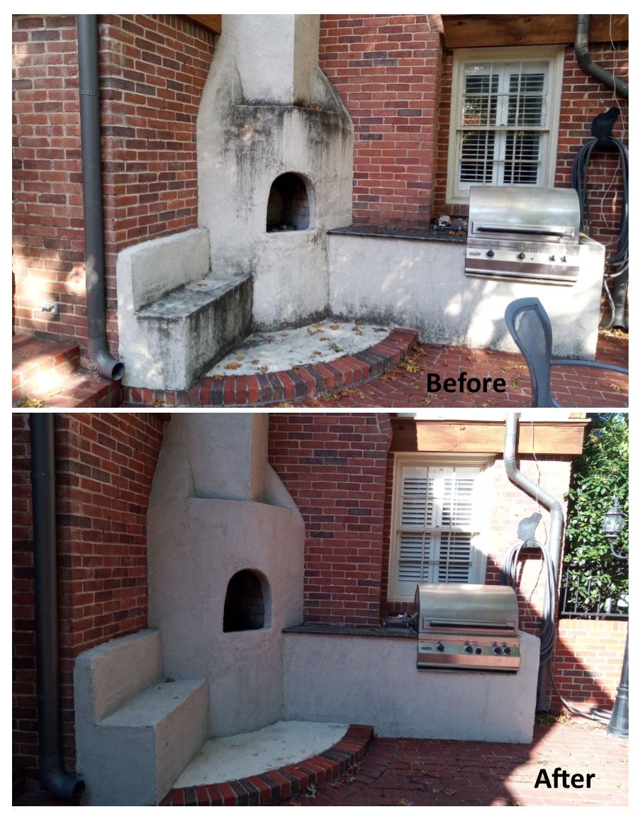Before and after view of a brick and stucco outdoor kitchen, showing stain removal from surfaces.