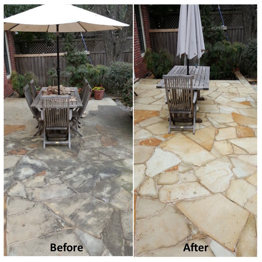 Before and after comparison of a patio; stained, dirty stone pavers are cleaned, revealing a light beige color.