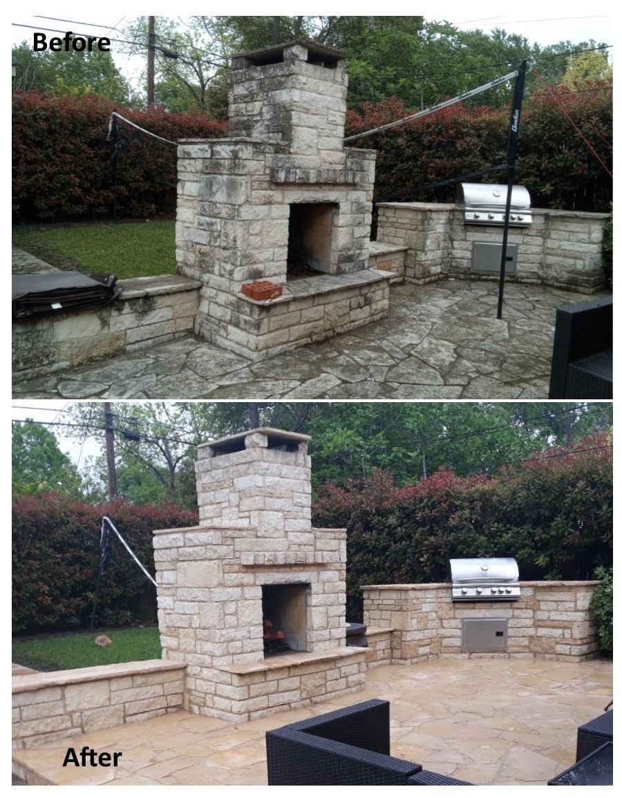 Before-and-after comparison of a stone outdoor fireplace and grilling area. The after photo shows a clean version.