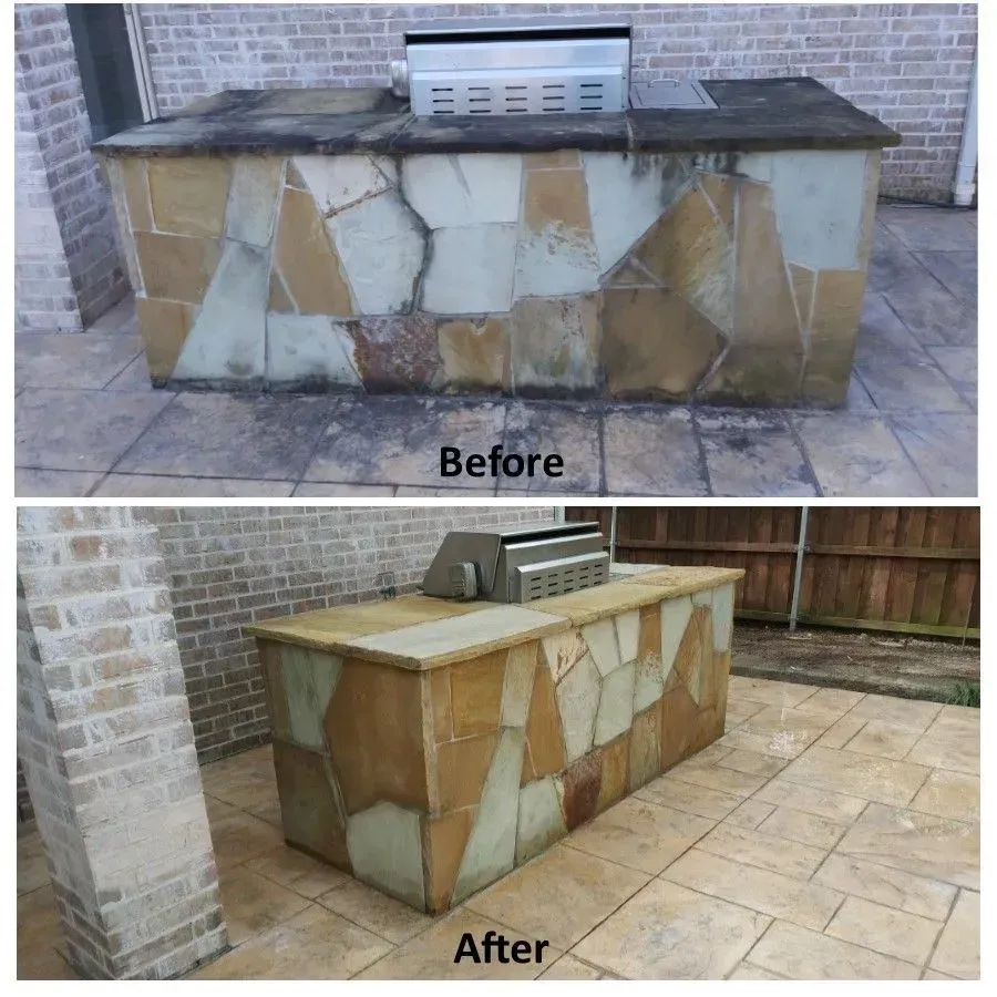 A before and after picture of an outdoor kitchen with a grill.