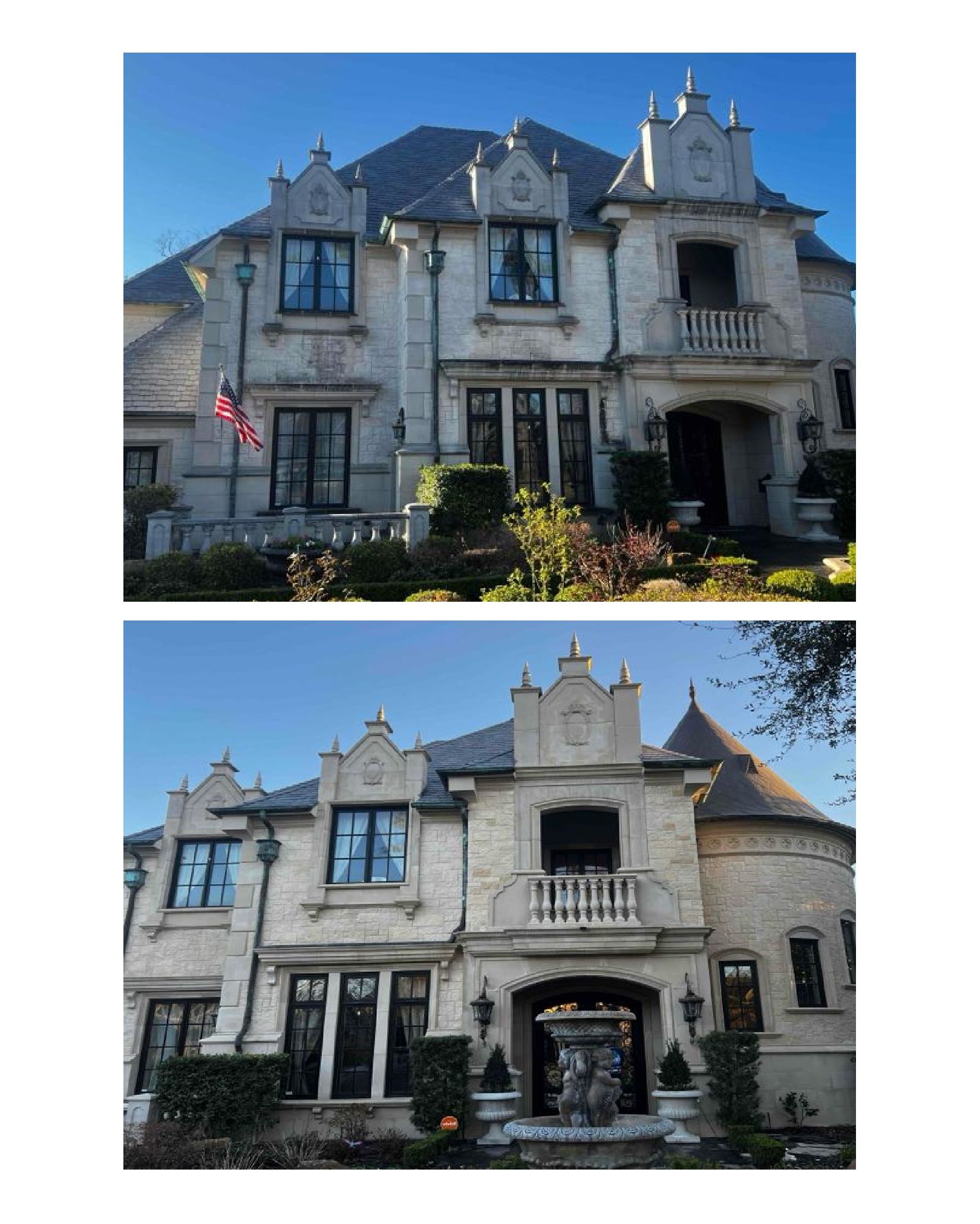 Two-story stone mansion with black-framed windows, ornate details, and a balcony, under a clear blue sky.