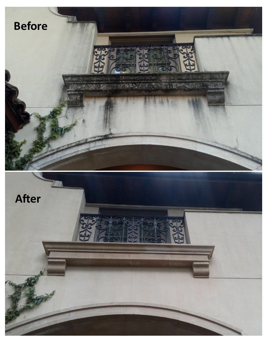Before and after photos of a building's facade, showing cleaning effect on stone molding and ironwork.