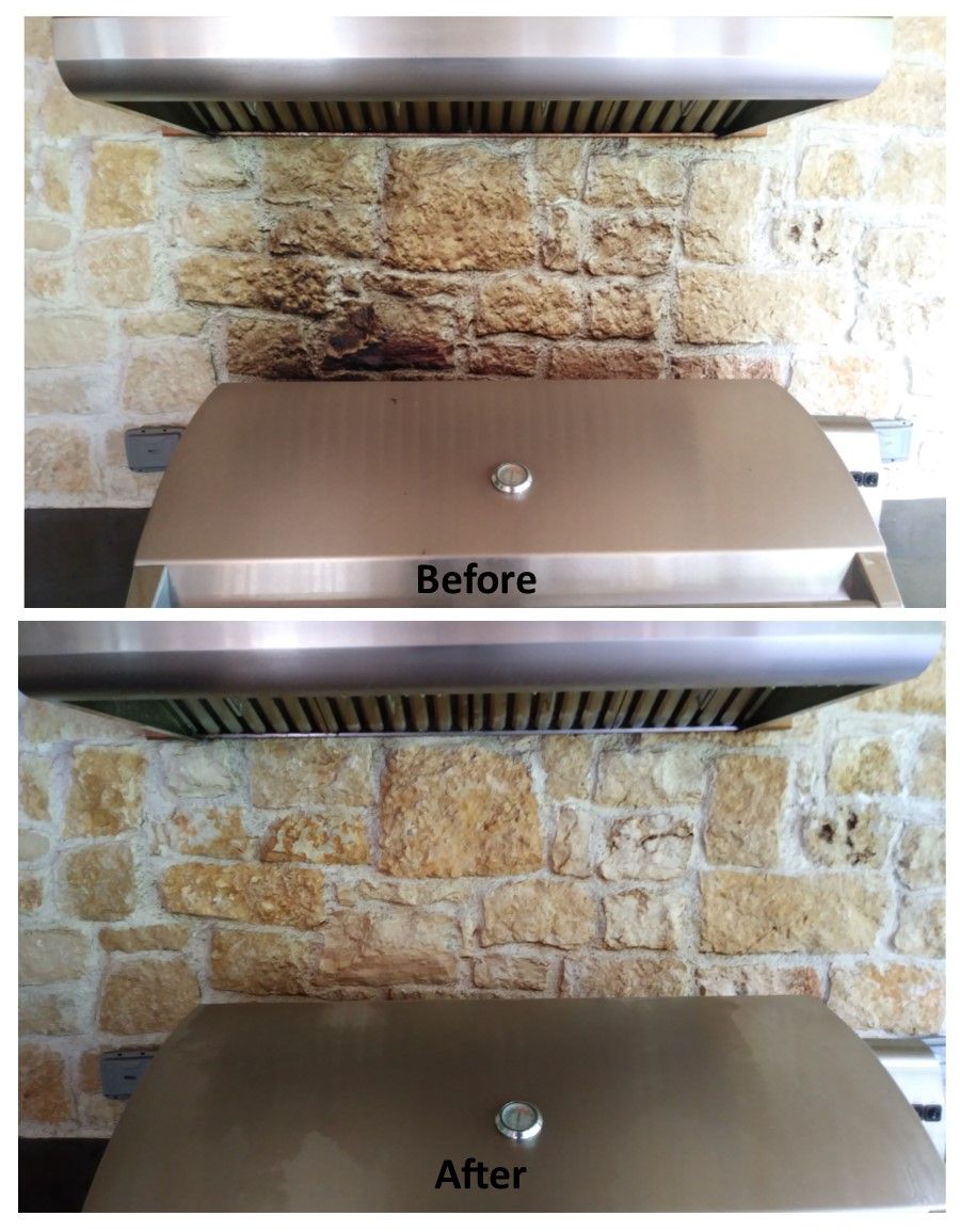 Before and after of a stainless steel grill cleaned, showing smoke damage removal from the surrounding stone wall.