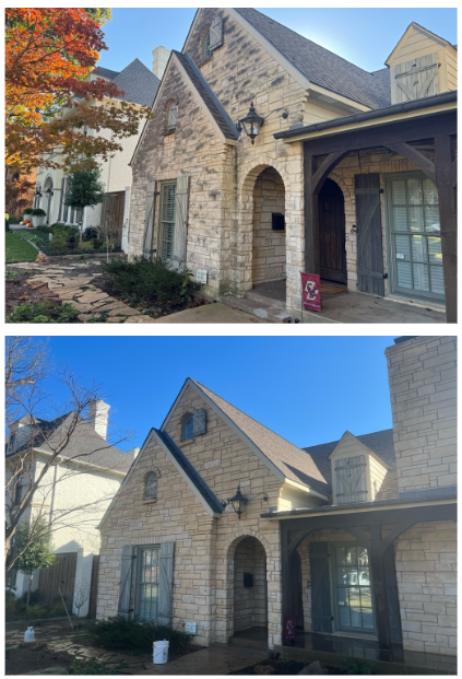 Top: House exterior with stone facade, autumn foliage. Bottom: Same house, clear sky, stone cleaned.