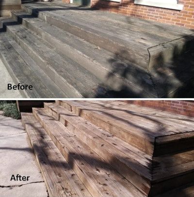 A before and after photo of a wooden porch.