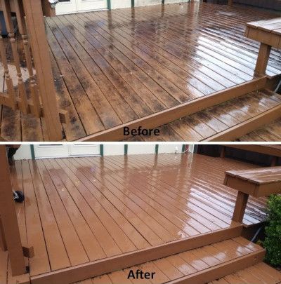 A before and after picture of a wooden deck.