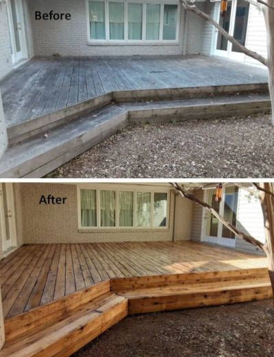 A before and after picture of a wooden deck