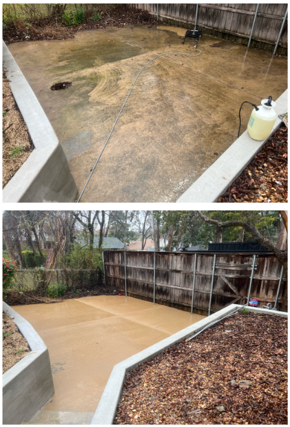 Before and after view of a concrete patio. Top shows dirty patio, bottom shows clean patio.