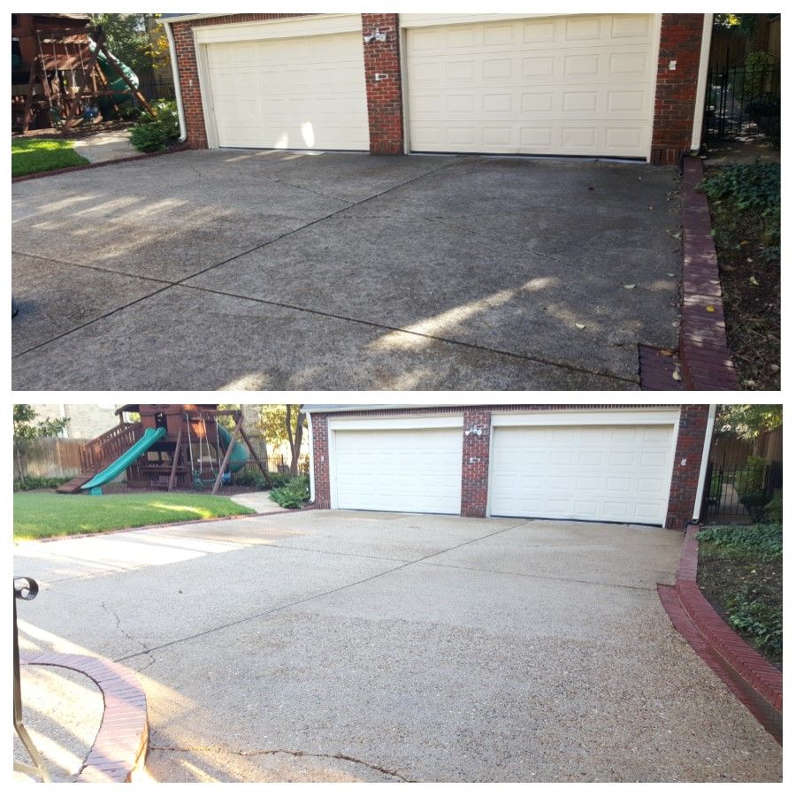 Driveway before and after power washing gray concrete.