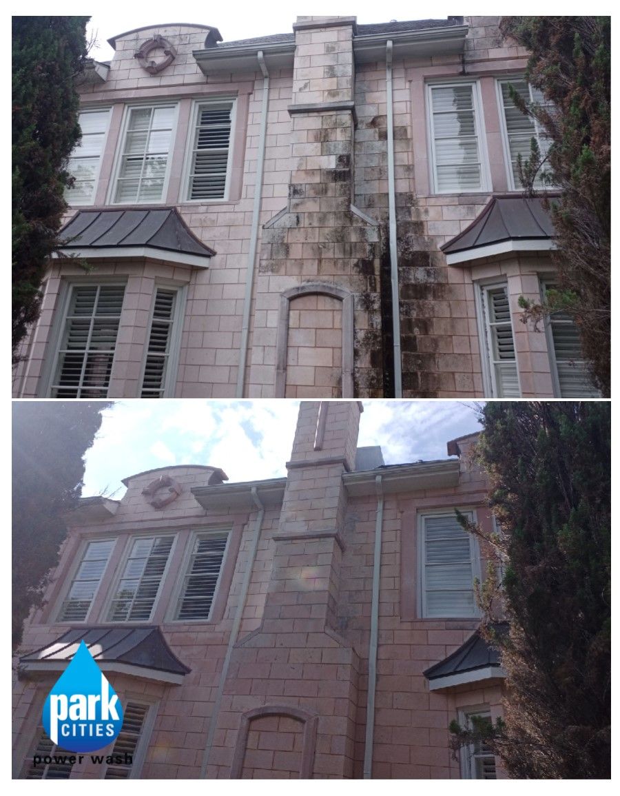 Two-panel comparison of a pink brick building. The before picture shows grime, the after is clean.