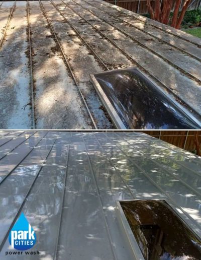 A before and after picture of a roof with a gutter.