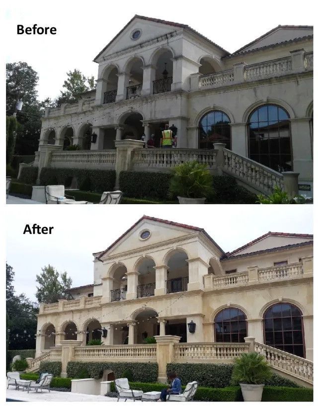 A before and after picture of a large house