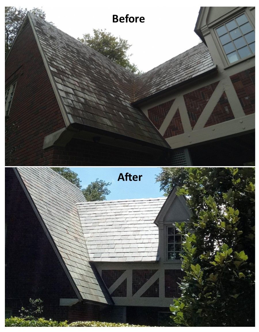 Before and after photos of a brick house roof cleaning. The roof is dark and covered in dirt before, clean and grey after.