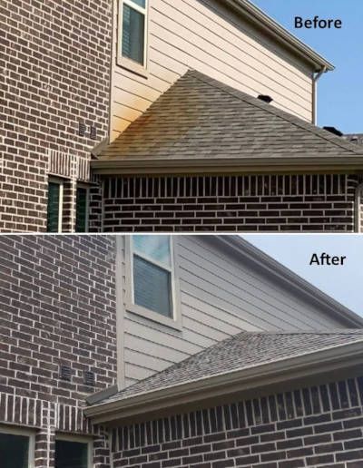 A before and after picture of a brick house