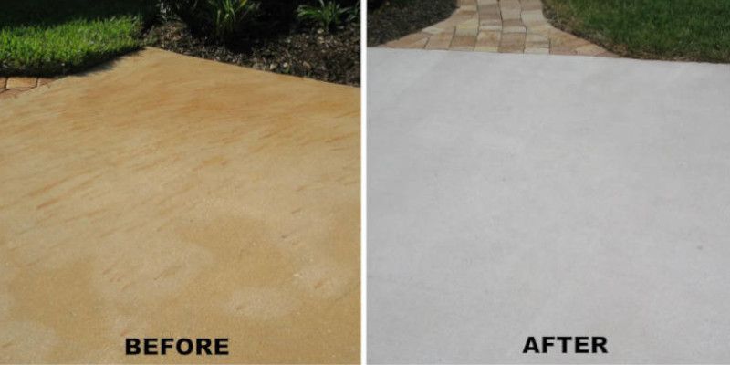 A before and after picture of a concrete driveway.