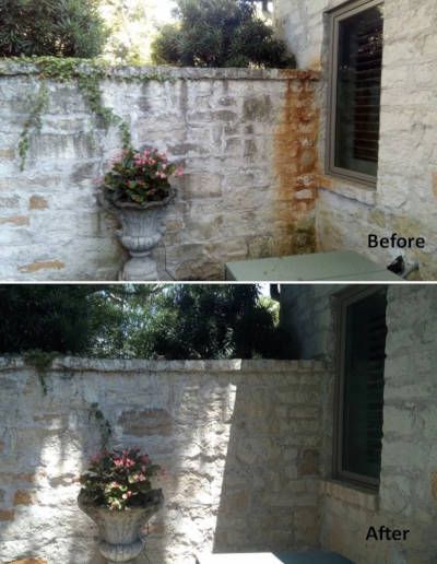 A before and after photo of a brick wall