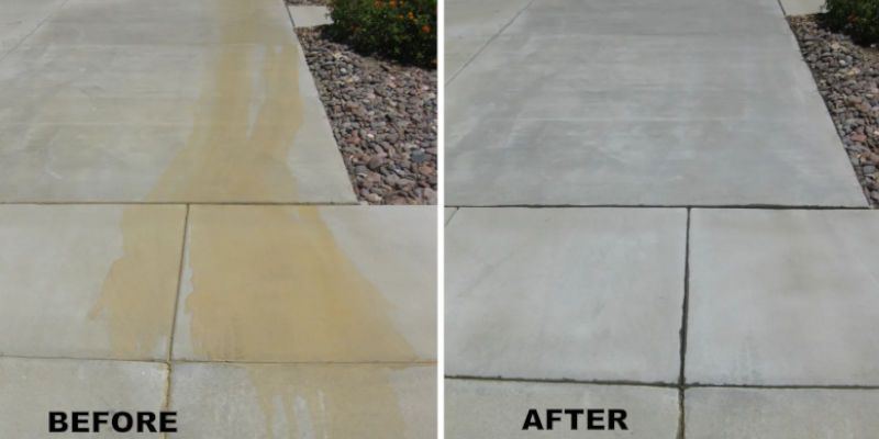 A before and after picture of a concrete driveway.