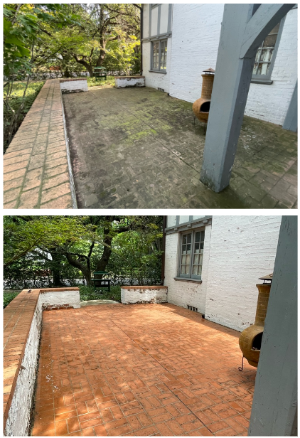 Before and after of a brick patio cleaned with a power washer; patio beside a white building.