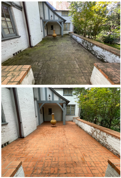 Before and after comparison of a brick patio cleaning, showing green mossy bricks becoming clean red bricks.