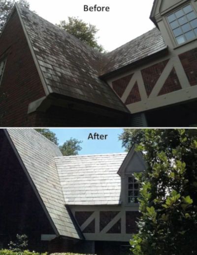 A before and after photo of a house roof