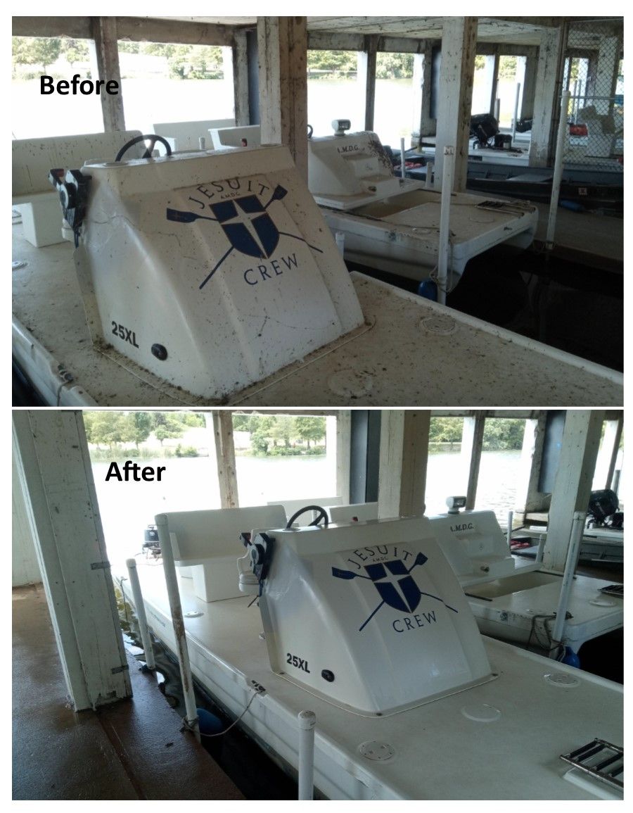 Before and after photos of a white boat with a steering console. Before photo is worn; after is refreshed.