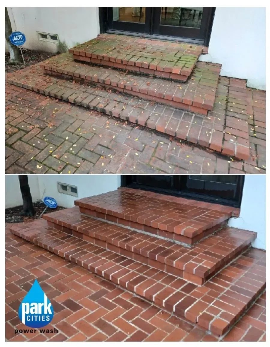 A before and after picture of a brick staircase being cleaned.