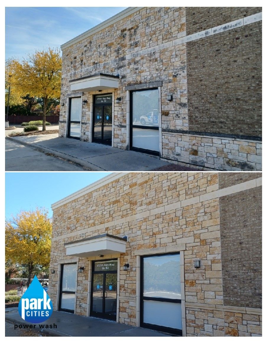 Comparison of a building's facade before and after power washing; lighter colors, cleaner brickwork.