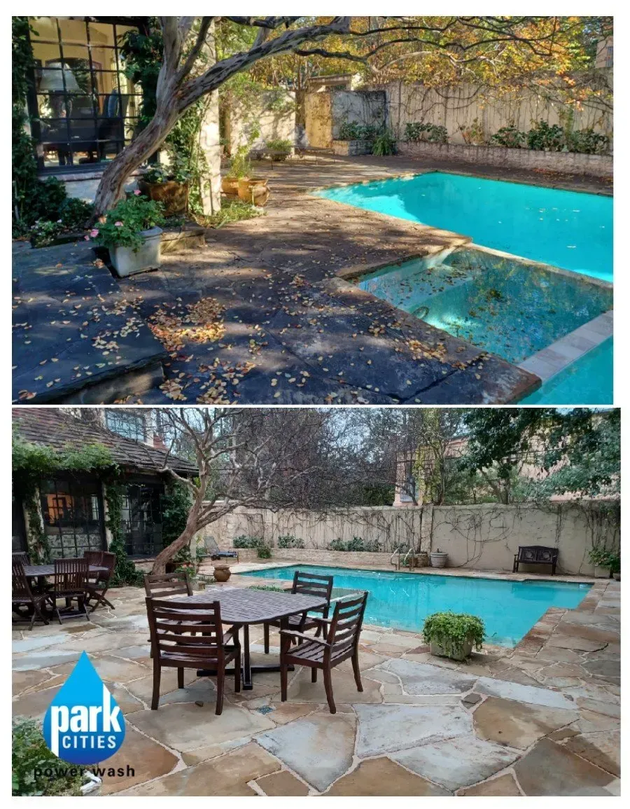A before and after photo of a patio with a swimming pool
