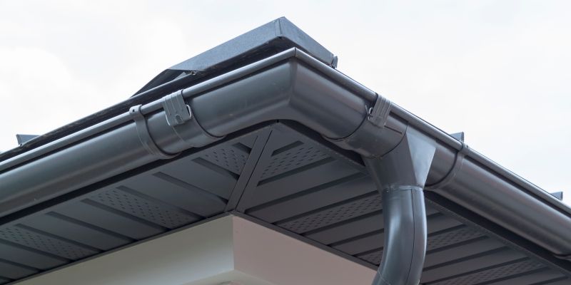 A close up of a gutter on the roof of a house.